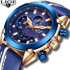 Relogio Masculino Fashion Blue Men Watch Lige Top Luxury Brand Armbandsur Casual Läder Vattentät Sport Quartz Klocka 210527