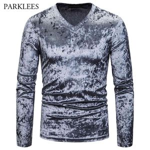 Velvet V-neck Mens Tshirt Fashion Autumn Men T-Shirt Long Sleeve Casual Slim Fit Men T Shirt Comfortable Men Clothing Homme 2XL 210524