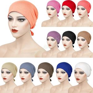 Fashion Premium Jersey Muslim Inner Cap Stretch Hijab With Rope Adjustable Women Underscarf Solid Color Islamic Turban Headwear