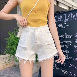 Summer Women Streetwear Hole Frayed Wide Leg White Denim Shorts Casual Female Loose Solid Color Jeans 210430