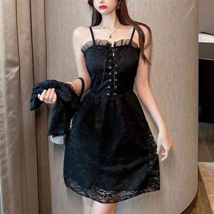 Spring Lace Two Piece Set Women Long Sleeve Crop Top + Sexy Black Mini Dress Suits Streetwear Hollow Out 2pcs Outfits 210514