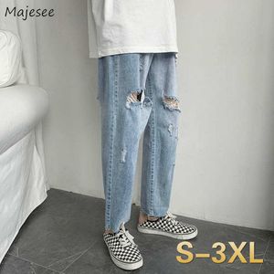 Men Jeans Hole Straight Ripped Baggy Wide-leg Solid Simple Casual Washed Denim Trousers Mens Korean All-match Trendy Street-wear X0621