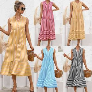 Fashion Sleeveless Big Swing Shirt Dress For Women Summer Style V-Neck Striped Button Stitching Maxi Robes Femme 210517