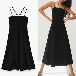 ZA Summer Sexy Long Straps Dress Women Sleeveless Backless Black Sundress Fashion Pleates Linen Vestidos Woman Party Dresses 210602