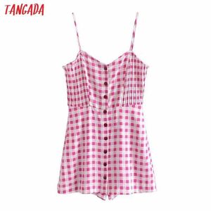 Tangada Women Vintage V Neck Plaid Print Playsuits Strap Buttons Rompers Ladies Casual Chic Jumpsuits 3H525 210609