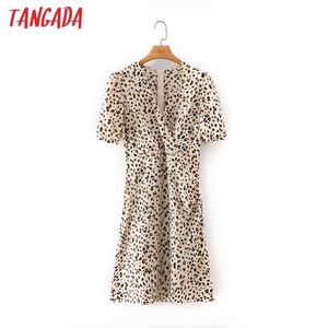 Tangada Summer Women Leopard Print Ruffles Dress Puff Short Sleeve Ladies Midi Dress Vestidos 2M154 210609