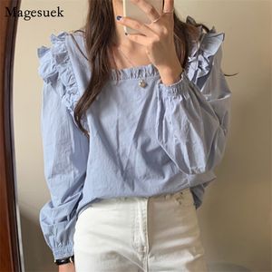 Koreanska söta pläterade vita blus kvinnor fyrkantiga krage långärmad ruffles vintage skjorta pullover office blouses 11668 210512