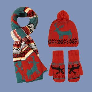 Lovely Christmas Women Scarf Pompom Beanie & Gloves Set With Classical Christmassy Red Green Deer Snow Flowers Pattern