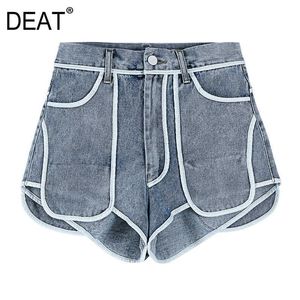 [DEAT] Summer Fashion Short Pants Splicing High Waist Pockets A-line Loose Personality Women Denim Shorts 13C853 210527