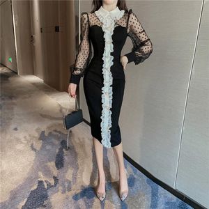 Casual Dresses Elegant Black Dress Women Lace Chiffon Korean Party Puff Sleeve Wid Down Collar Midi Fall för 2021
