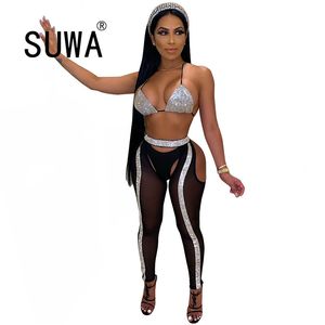 Hollow Out Sexig Mode Kvinnor Två Piece Matchande Satser Deep V Neck Crop Top Bra + Hög Midja Skinny Pants Byxor Party Clubwear 210525