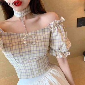 Neploe Frauen Bluse Sommer Vintage Sexy Slash Neck Slim Crop Top Koreanische Plaid Puff Sleeve Shirt Bowknot Mode Chic Blusas 210422