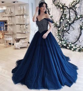 Abiti da sera eleganti blu scuro firmati A Line Plus Size Sweep Train con perline Abito formale in tulle a strati Abiti da ballo di fine anno Vestido De Novia Robes