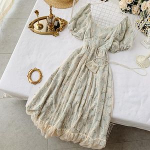 Kadın Sundress Kawaii Lolita Yaz Plaj Elbise Yeşil Çiçek Dantel Vintage Maxi Elbiseler Bayanlar Zarif Kore Giyim 210514