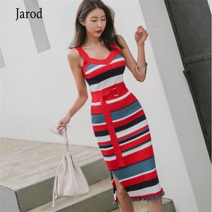 Summer Women's Colorful Striped Knitted Suit Spaghetti straps Sweater Vest Crop Top + pencil Skirt Two-piece Set 210519
