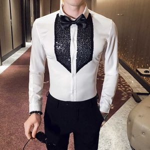 White Black Tuxedo Shirt Men Sequins Patch Solid Long Sleeve Dress Slim Fit Shirts Stage Wedding Prom Gentleman Blouse Male 210629