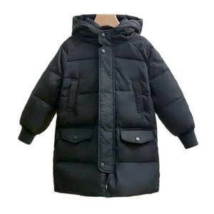 Inverno crianças meninas longas casacos crianças meninos casacos moda espessa chata capuz branco pato para baixo snowsuit 2-14y adolescente sobretudo parkas 211027