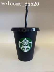 Starbucks 16oz / 473ml Bicchieri di plastica Bicchiere Riutilizzabile Nero Bere Fondo piatto Forma di pilastro Coperchio Tazze di paglia Bardian DHL libero