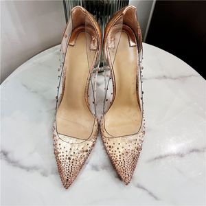 Casual Designer Sexy Lady Mode Damenschuhe Gold Glitzer Strass Kristall PVC Spitze Zehen Stiletto Stripper High Heels Prom Abend Pumps Große Größe 44 12 cm