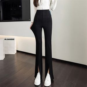 Jielur Split blixtlåsbyxor koreanska mode casual office lady Black Flare Pants Kvinnlig hög midja lång S-XL 220211