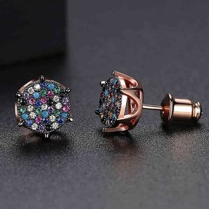 Multicolor CZ Stone Paved Bling Iced Out Geometric Round Stud Örhängen för Kvinnor Män Hip Hop Rappy Smycken Drop