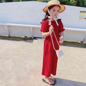 Summer Girls' Clothing Sets Bow Wrinkled One-Shoulder Top + Points Pants 2Pcs Baby Kids Clothes Suit Children 210625