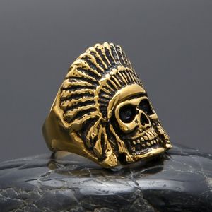 Anello da uomo in oro hip-hop, gioielli retrò, scheletro capo indiano, anelli vintage in acciaio inossidabile