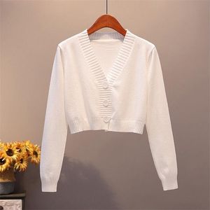 Cardigan lavorato a maglia Cappotto Autunno Donna Manica lunga svasata Maglione corto Donna Top in cotone a costine Nero Bianco Donna Outwear 210806