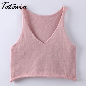 Tatariaニットタンクトップスセクシーな女性夏の深いVネックスリーブレス作物かぎ針編みトップFeminino Camiseta Tirantes Mujer 210514