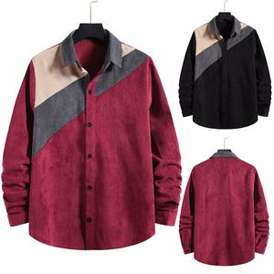 Corduroy Patchwork Men Shirts Long Sleeve Shirt Mens Pocket Colorblock Splice Contrast Camisas Streetwear Striped Oversized 210524