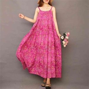 Floral Imprimir Linho de Algodão Maxi Vestido Verão Casual Sling Boho Solto Big Ham Beach Vestidos Mulheres Oversized Longo Robe 210522