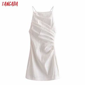 Tangada Kadınlar Beyaz Pamuk Pileli Elbise Kolsuz Backless Yaz Moda Lady Seksi Elbiseler Robe 3H553 210609