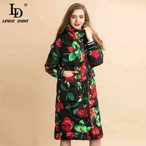 Höst vinter 90% vit dunjacka Kvinnors varma kappor Ytterkläder Elegant Rose Floral Print Hooded Overcoat 210522