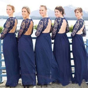 Country Langarm Spitze Brautjungfernkleider 2021 Hohlrücken Chiffon Lange Hochzeitsgastkleider Trauzeugin Kleid Plus Size