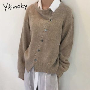 Yitimoky cáqui Cardigan para mulheres suéter irregular de malha oblíqua Única peça de queda de seda cinza moda casual 211018
