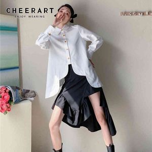 デザイナー非対称トップホワイトボタン女性長袖ブラウス韓国のファッションスプリング210427のための襟付きシャツ