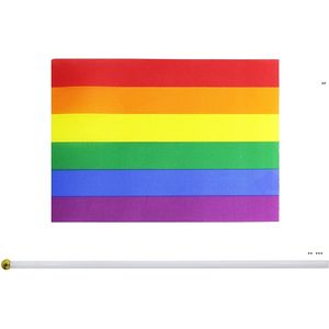 new No. 8 Striped Gay Pink Rainbow LGBT Flag 14*21 Print Same Sex Pride Belt PE Plastic Flagpole Hand Flags EWA6323
