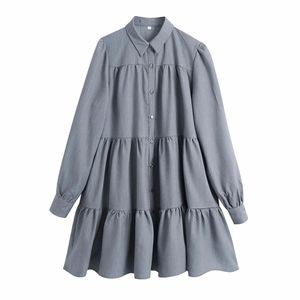春の女性のティアルフリルミニシャツのドレスの女性長袖の服カジュアルな女性緩いvestido D7062 210430