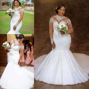 Sparkly Crystal Mermaid Wedding Dresses 2022 African Nigerian Illusion Long Sleeve Lace Floral Garden Plus Size Bridal Dress