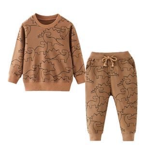 Hoppmätare Bomull Dinosaurs Kläder uppsättningar för höst Vinter Baby Långärmad 2 st Outfits Top + Bottom Boys Girls Set 210529