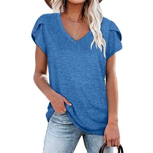 Summer New Solid Color T Shirt Women's V Neck Casual Loose Fashion Short Sleeved Top Plus Size Clothing Blusa De Frio Feminina X0628