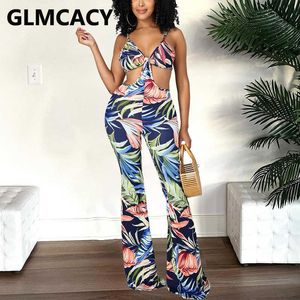 Spaghetti Strap Summer Tropical Printed Jumpsuit Sexy Beach Holiday Overalls 210702