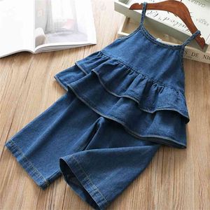 Conjuntos de roupas de meninas de verão Coreano Denim Suspender Jacket Top + Larga Pants 2 Pcs Bebê Crianças Roupa Terno Crianças 210625