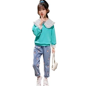 Teen Mädchen Kleidung Starwberry Trainingsanzüge für Sweatshirt + Jeans Kleidung Casual Kinder 210528