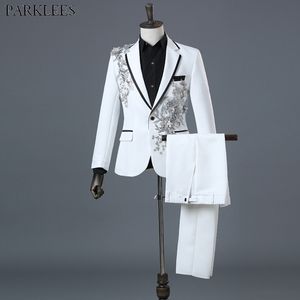 Mens White Floral Sequin 2 Pieces Suits (Jackets+Pants) Slim Fit One Button Wedding Groom Tuxedo Suit Male Costume Mariage Homme 210522