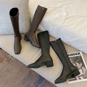 Boots Women Shoes Leather Over The Knee Low Heels Slim Long Black Brown Lady Winter Warm High Quality