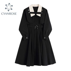 Schwarzes Vintage-Kleid mit Laterne, langen Ärmeln, Metall-Revers-Knopf-Design, dick, Party-Straße, elegant, koreanische Retro-Linie, schlanke Dame 210515