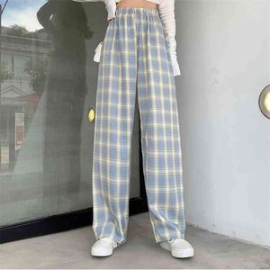 Women's Check Wide Leg Plaid Pants High Elastic Waist Loose Trousers For Girls Clothing 2XL Summer Streetwear Clothes Lady 210925