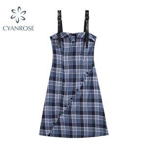 Kvinnors Plaid Spaghetti Strap Klänning Sommar Suspenders Oregelbundna Spliced ​​Vest Dresses Single Breasted Streetwear Slim Frcoks 210515