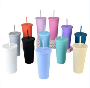 22oz tumblers pele canecas de acrílico colorido fosco com tampas e palhas dupla parede plástico resuable copo